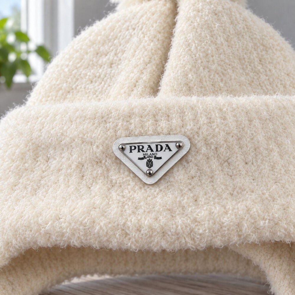 Prada Ivory Earflap Hat with Pom-Poms - Picture 5 of 6